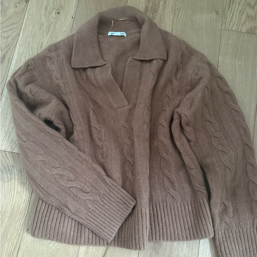 Cozy Brown GU Cable Knit Sweater